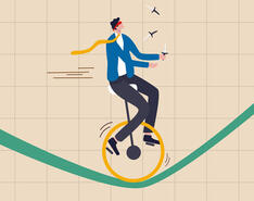 A graphic of a blindfolded man unicycling on a tightrope while juggling small knives