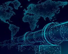 Grid-like depiction of world map in the background of a large pipeline