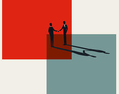 Abstract art depicts two business people shaking hands, signifying a M&A deal.