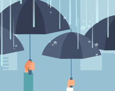 An illustration of four hands holding up four gray umbrellas to protect from rain