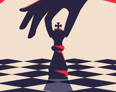 A hand prepares to move a single chess piece on an empty chess board