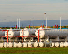 Large propane tanks are pictured at a propane plant.