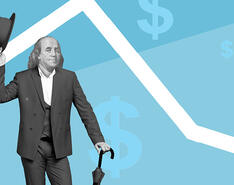 Benjamin Franklin's stands tipping a hat in front of an arrow indicating a downward trend in money