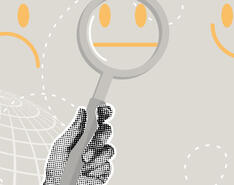 Two hands point and hold up a magnifying glass on a frowny face, a neutral face and a smiling face.