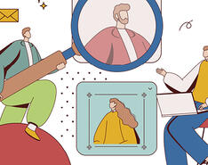 Clip art of a man holding up a magnifying glass to a possible hire demonstrates how to avoid bad hires..
