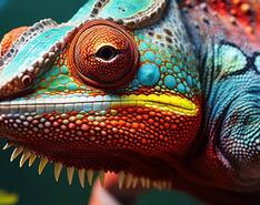 A colorful chameleon stands on a leafy branch