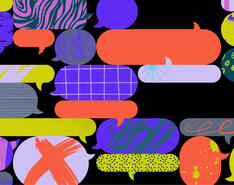 Clip art text bubbles symbolize user group feedback.