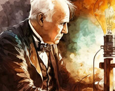 A graphic depicts Thomas Edison surrounded by lightbulbs. 