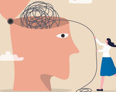 An illustration of a woman unraveling the stress inside a person's mind
