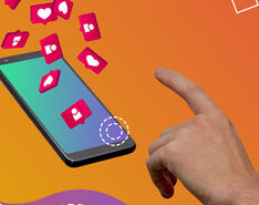 An abstract design depicts a hand pointing to a phone with social media emblems.