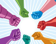Art depicts superhero fists meeting, symbolizing superpower.