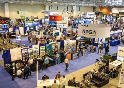 An aerial view of people walking the trade show floor at the NPGA Southeastern Expo