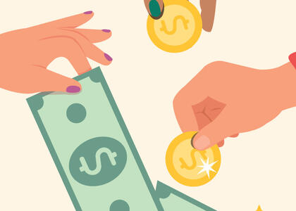 Clip art depicts hands holding money out.