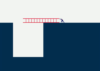 A clip art man brings a ladder over a gap, showcasing propane company growth.