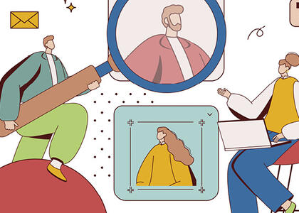 Clip art of a man holding up a magnifying glass to a possible hire demonstrates how to avoid bad hires..