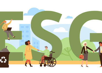 A graphic depicts various people coming together in front of a giant "ESG" in the background.