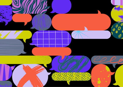 Clip art text bubbles symbolize user group feedback.