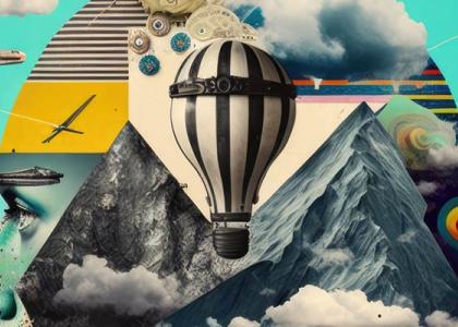 An abstract piece of art depicts various ideas circulating in someone's head, including a gas balloon, mountains, and airplanes.