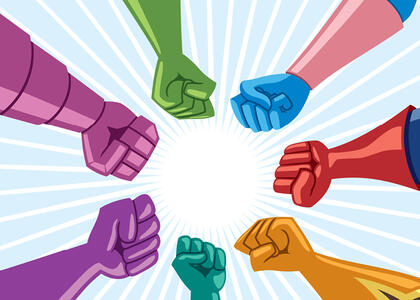 Art depicts superhero fists meeting, symbolizing superpower.