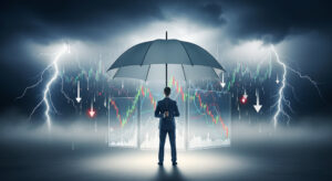 Managing Financial Risk concept with businessman holding umbre
