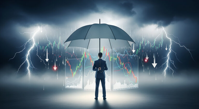 Managing Financial Risk concept with businessman holding umbre