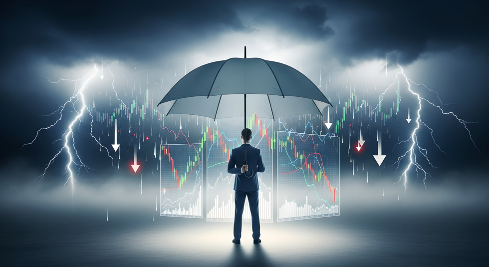 Managing Financial Risk concept with businessman holding umbre